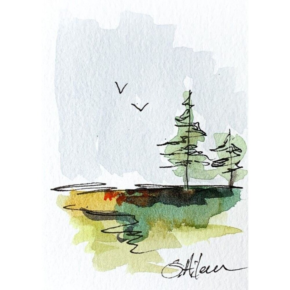ACEO Landscape Painting Watercolor Ink Pine Trees Birds in Sky Green Signed